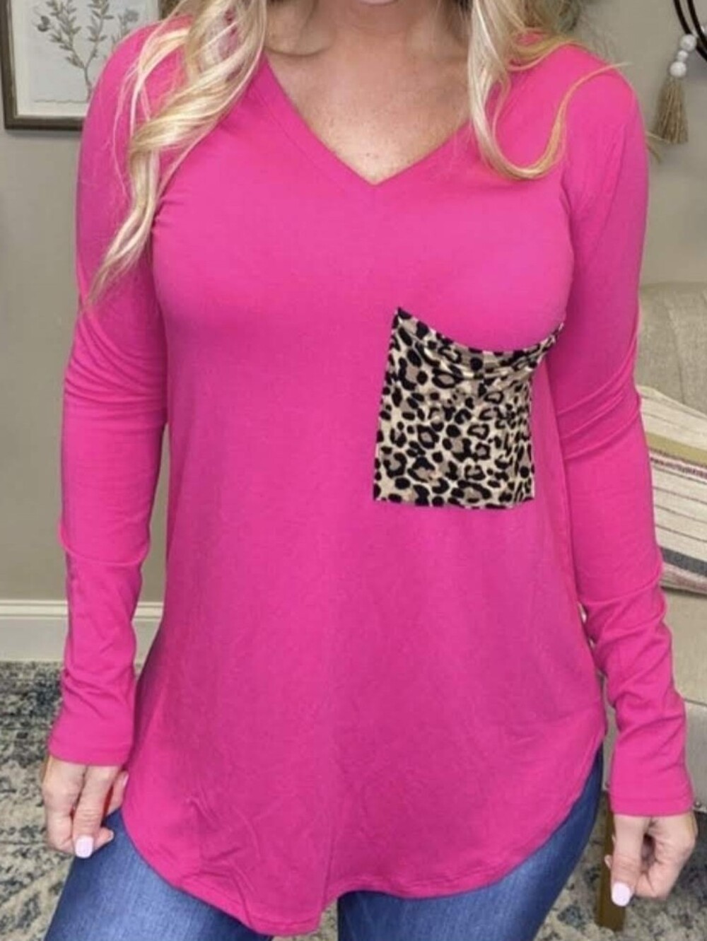 Women's Hot Pink V-Neck Long Sleeve Top with Leopard Pocket